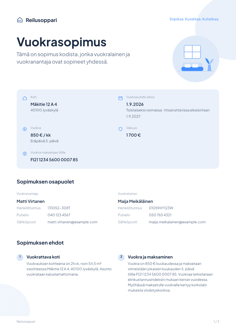 Vuokrasopimuksen ensimmäinen sivu: koti, vuokra, osapuolet ja sopimuksen ehdot.